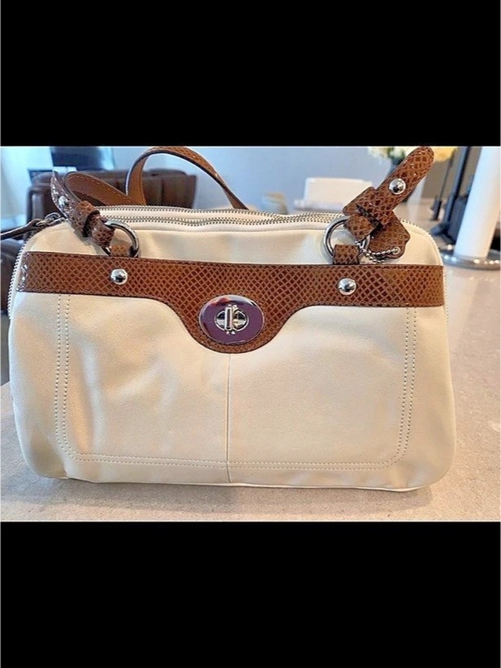 Coach Penelope Leather Satchel Tote in White & Brown